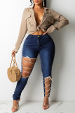 Medium Blue Fashion Casual Solid Ripped Bandage Plus Size Jeans