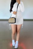White Casual Solid Draw String O Neck Pencil Skirt Dresses