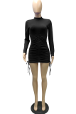 Black Casual Solid Draw String O Neck Pencil Skirt Dresses