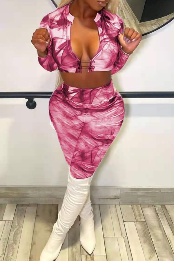 Burgundy Sexy Patchwork Tie-dye V Neck Long Sleeve Two Pieces