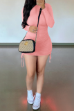 Pink Casual Solid Draw String O Neck Pencil Skirt Dresses