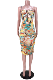 Yellow Sexy Print Patchwork Spaghetti Strap Pencil Skirt Dresses
