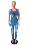 Baby Blue Sexy Casual Solid Ripped Backless Spaghetti Strap Skinny Jumpsuits