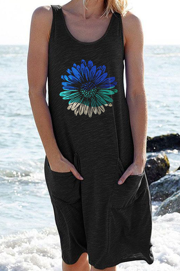 Blue Black Casual Solid Patchwork Pocket Basic O Neck Straight Dresses