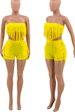 Yellow Sexy Solid Tassel Strapless Sleeveless Two Pieces