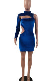 Blue Sexy Solid Hollowed Out Patchwork Half A Turtleneck Pencil Skirt Dresses