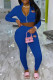 Dark Blue Fashion Casual Print Zipper Hooded Collar Long Sleeve Two Pieces