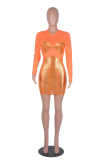 Orange Sexy Solid Patchwork O Neck Pencil Skirt Dresses