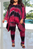 Burgundy Casual Patchwork Tie-dye V Neck Plus Size Two Pieces