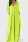 Fluorescent Green Casual Solid Patchwork V Neck Straight Dresses