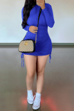 Blue Casual Solid Draw String O Neck Pencil Skirt Dresses