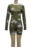 Green Sexy Print Patchwork O Neck Skinny Rompers