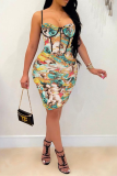 Yellow Sexy Print Patchwork Spaghetti Strap Pencil Skirt Dresses