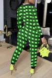 Green Sexy Plaid Patchwork V Neck Skinny Jumpsuits