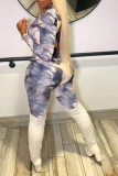 Blue Sexy Patchwork Tie-dye V Neck Long Sleeve Two Pieces