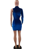 Blue Sexy Solid Hollowed Out Patchwork Half A Turtleneck Pencil Skirt Dresses
