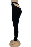 Black Sexy Casual Solid Hollowed Out Skinny Mid Waist Pencil Trousers