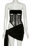 Black Fashion Sexy Patchwork Solid Backless Asymmetrical Strapless Sleeveless Two Pieces