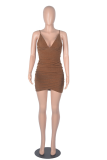 Brown Sexy Solid Patchwork V Neck Pencil Skirt Dresses