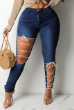 Deep Blue Fashion Casual Solid Ripped Bandage Plus Size Jeans