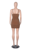 Brown Sexy Solid Patchwork V Neck Pencil Skirt Dresses