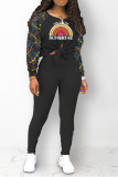 Black Street Print Bandage Patchwork O Neck Long Sleeve Two Pieces