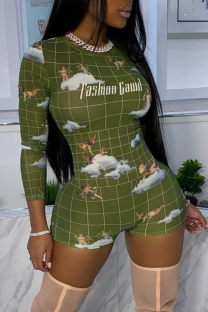 Green Sexy Print Patchwork O Neck Skinny Rompers