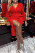 Red Sexy Solid Split Joint V Neck Irregular Dress Dresses