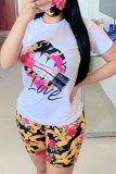 Red Milk Silk Fashion Casual Print Two Piece Suits pencil Short Sleeve Two Pieces