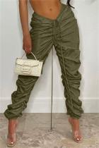 Army Green Fashion Casual Solid Fold Regular Mid Waist Trousers