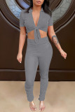 Grey Sexy Solid Bandage Split Joint Turndown Collar Short Sleeve Two Pieces