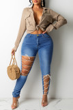 Light Blue Fashion Casual Solid Ripped Bandage Plus Size Jeans