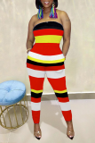 Red Casual Striped Patchwork Strapless Skinny Jumpsuits