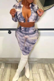 Blue Sexy Patchwork Tie-dye V Neck Long Sleeve Two Pieces