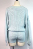 Light Blue Casual Solid Split Joint V Neck Long Sleeve Two Pieces