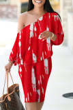 Tangerine Red Casual Print Split Joint One Shoulder Long Sleeve Two Pieces