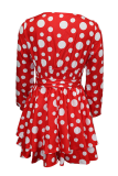 Red Casual Dot Split Joint V Neck Cake Skirt Dresses