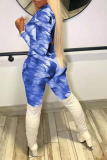 Blue Sexy Patchwork Tie-dye V Neck Long Sleeve Two Pieces