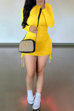 Yellow Casual Solid Draw String O Neck Pencil Skirt Dresses