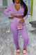Light Purple Fashion Casual Print Zipper Hooded Collar Long Sleeve Two Pieces