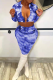 Blue Sexy Patchwork Tie-dye V Neck Long Sleeve Two Pieces