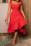 Red Sexy Casual Solid Split Joint Spaghetti Strap Long Dress Dresses