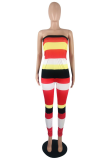 Red Casual Striped Patchwork Strapless Skinny Jumpsuits