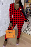 Rose Red Sexy Plaid Patchwork V Neck Skinny Jumpsuits