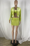 Fluorescent Green Fashion Sexy Solid Cardigan Long Sleeve Three-piece Set