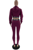 Burgundy Sportswear Print Letter Hooded Collar Long Sleeve Two Pieces