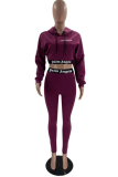 Burgundy Sportswear Print Letter Hooded Collar Long Sleeve Two Pieces