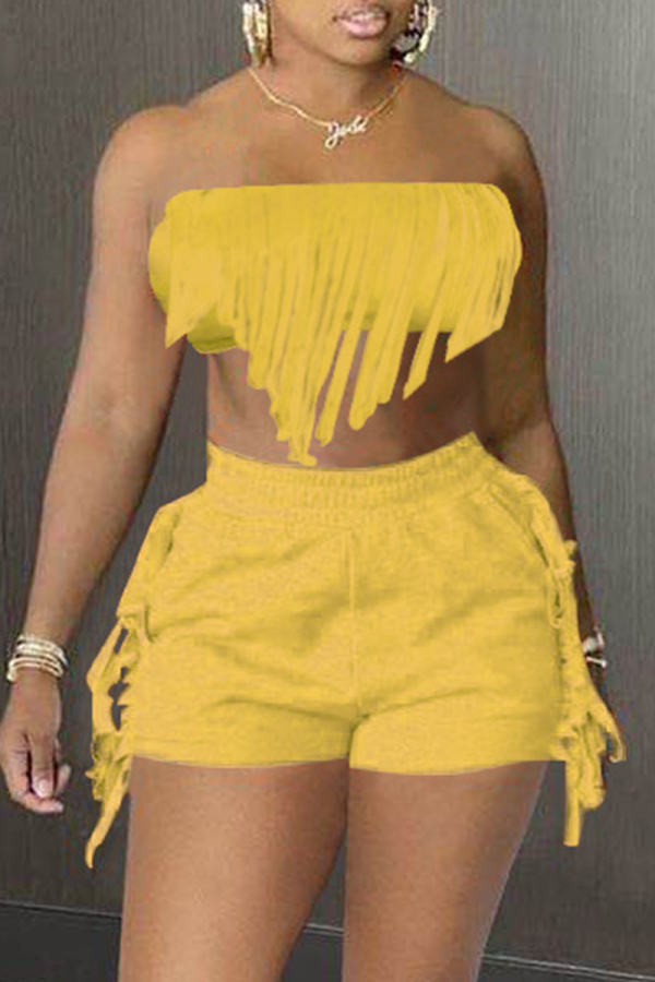 Yellow Sexy Solid Tassel Strapless Sleeveless Two Pieces