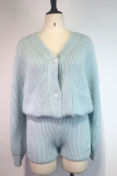 Light Blue Casual Solid Split Joint V Neck Long Sleeve Two Pieces