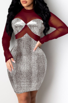 Burgundy Sexy Print Mesh Half A Turtleneck Pencil Skirt Dresses